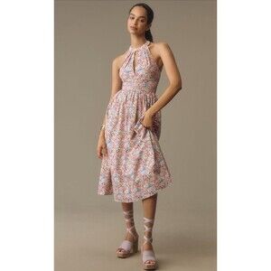 Anthropologie ATSU Midi Dress Halter Bow Back A Line Pink Floral Vacay Small NWT